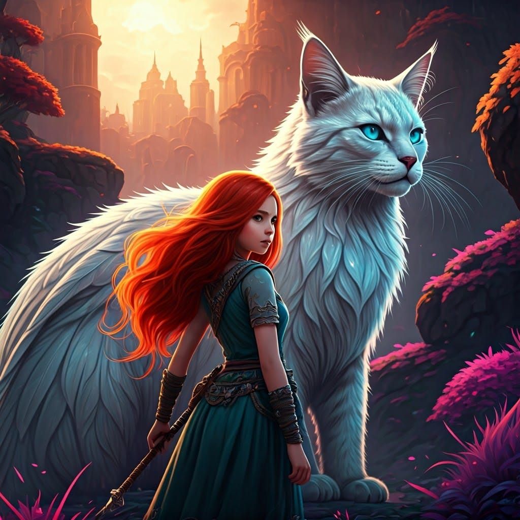 Mystical Girl and Winged Cat in Neon Fantasy