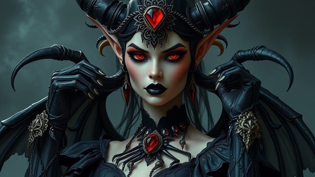 Dark Elf Sorceress with Black Lipstick and Red Eyes