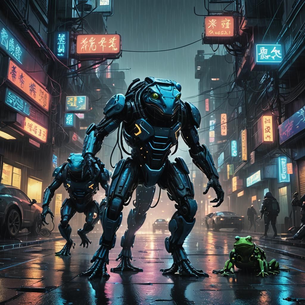 Cyberpunk Frogs Leap Through Neon Cityscape