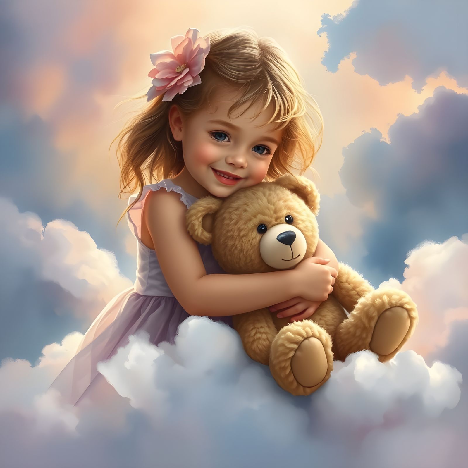 Girl Hugging Teddy Bear in Dreamscape Watercolor