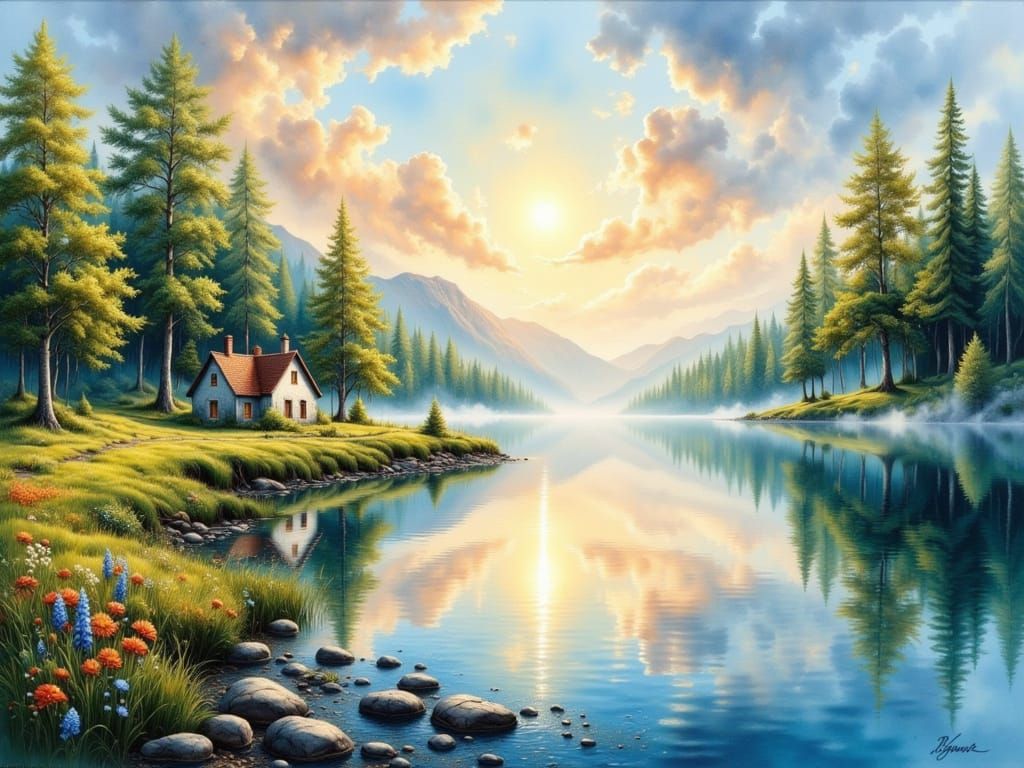 Serene Lake Cottage at Dawn in Watercolor Style