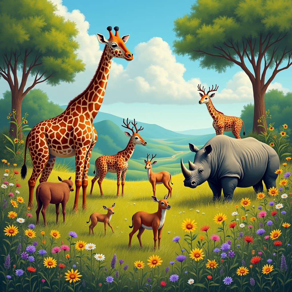 Herbivorous Animals in a Lush Meadow