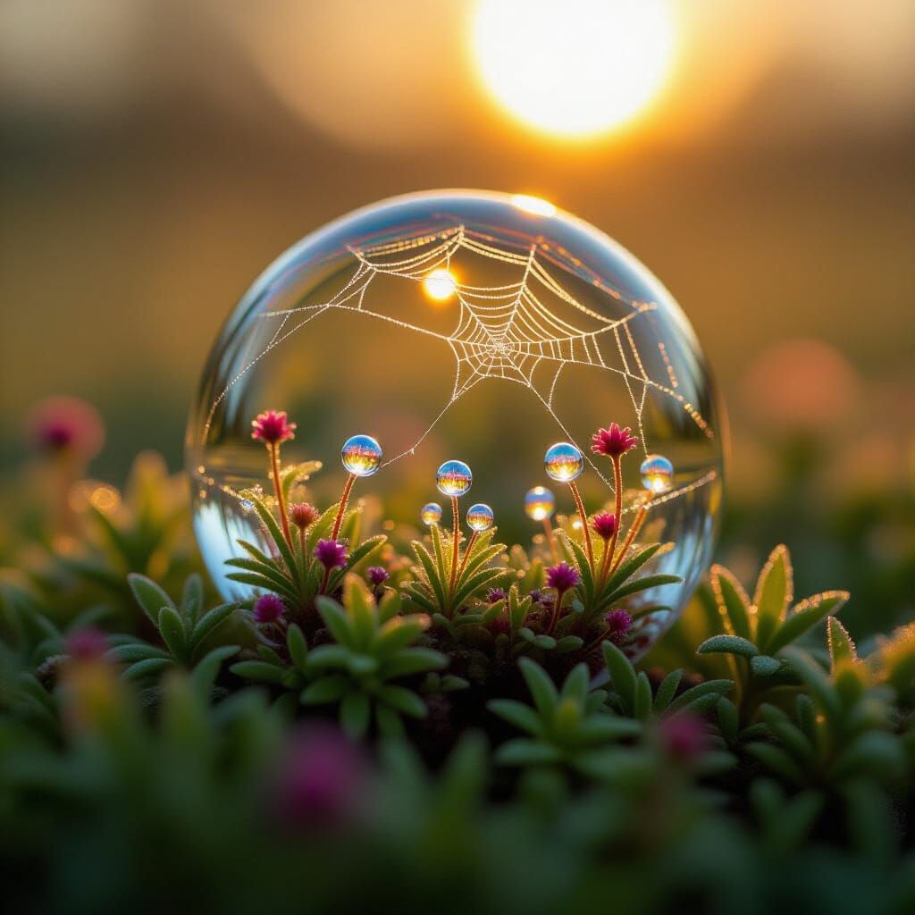 Microscopic Life Within a Dewdrop in Golden Hour Light