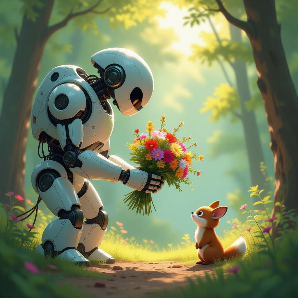 Robot Offers Bioluminescent Flowers to Woodland Creature in ...