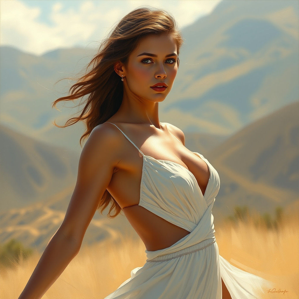 Radiant Woman in Sunlit Landscape as Oil Painting