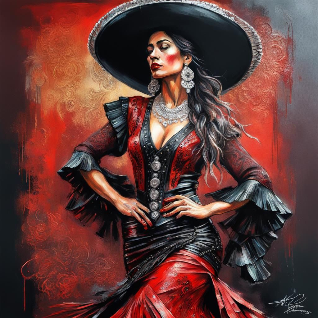 Flamenco Dancer in Red Leather, Dripping Paint Style