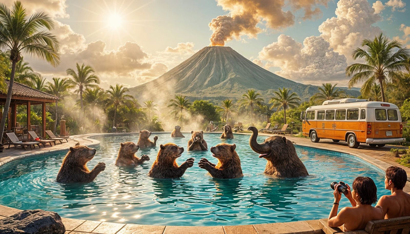 Anthropomorphic Animals Dancing Joyfully in a Golden Pool