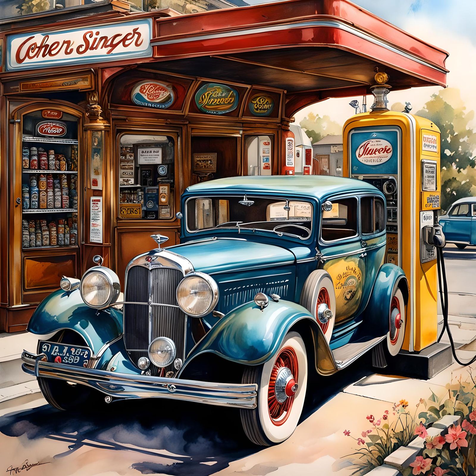 Retro Car at Gas Pump in Ink and Watercolor