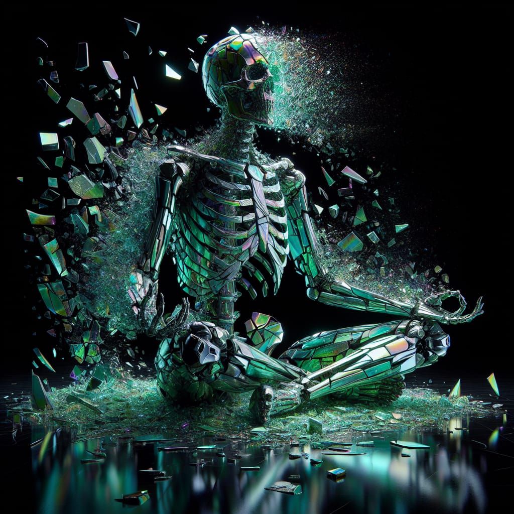 Geometric Skeletal Deity of Fractured Green Glass