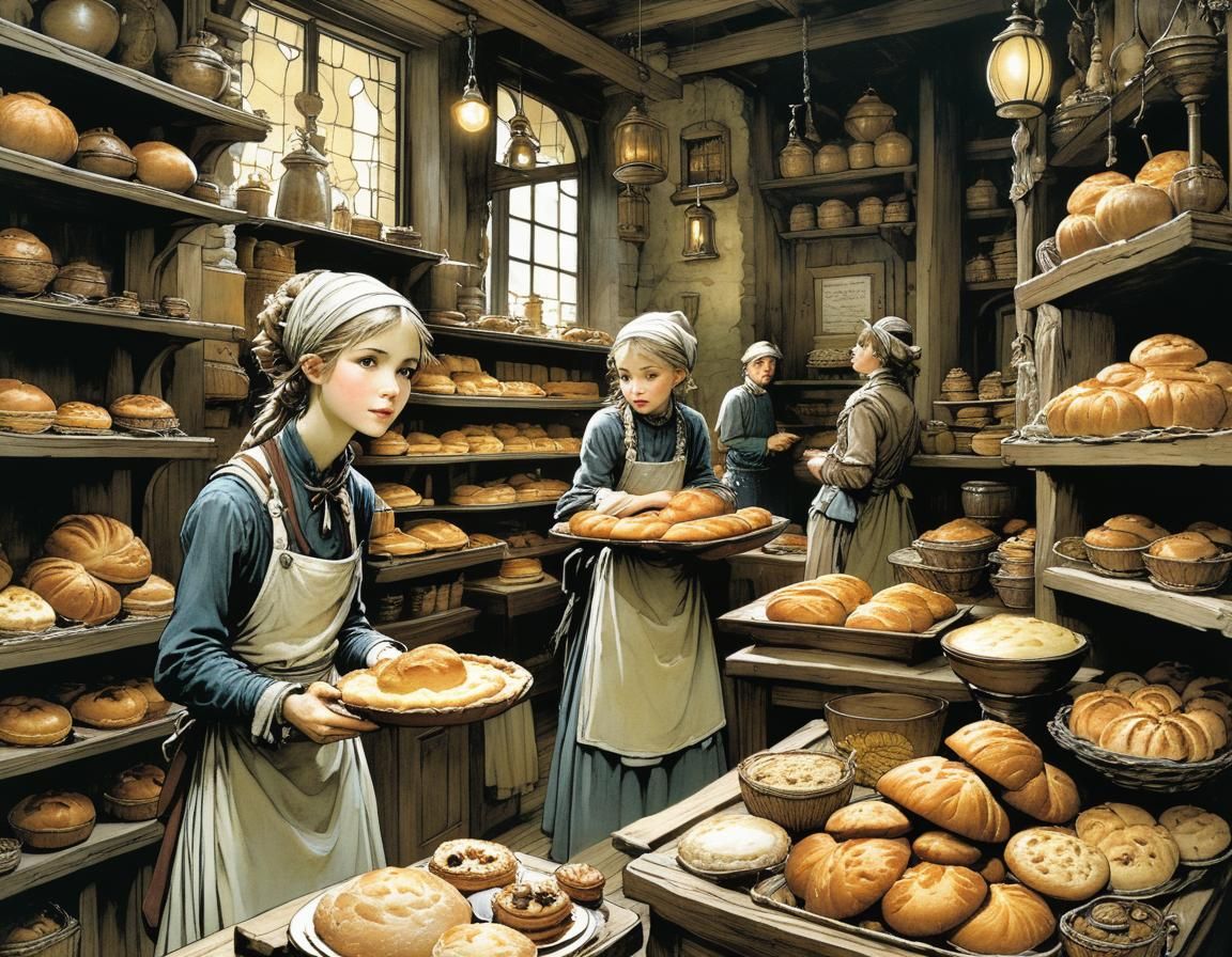 Intricate Bakery Scene in Expressive Fantasy Style