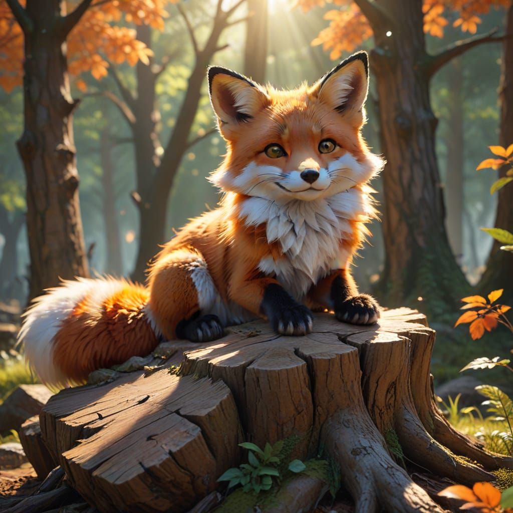 Cute Fox Relaxing on Tree Stump in Anime Style