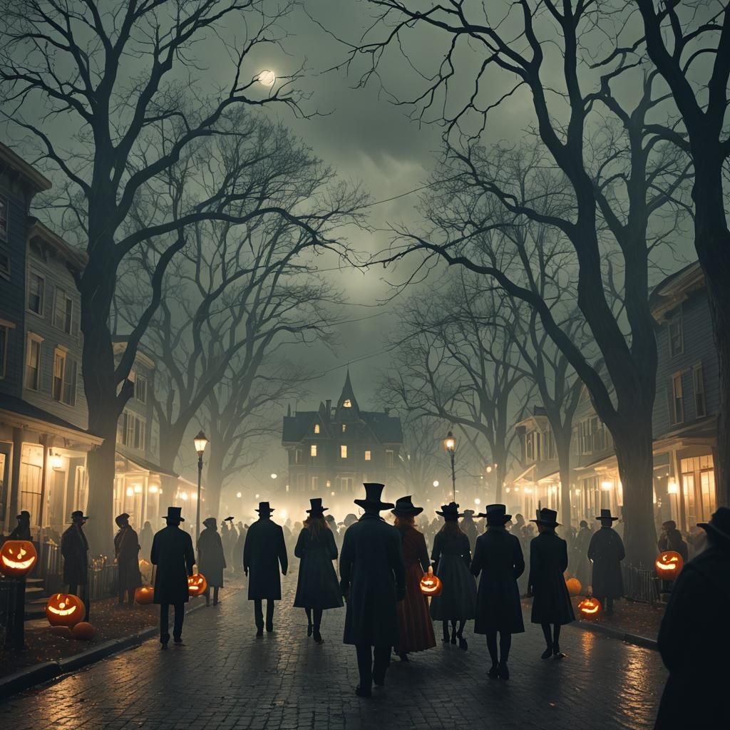 Halloween Town Residents Gather on Stormy Night