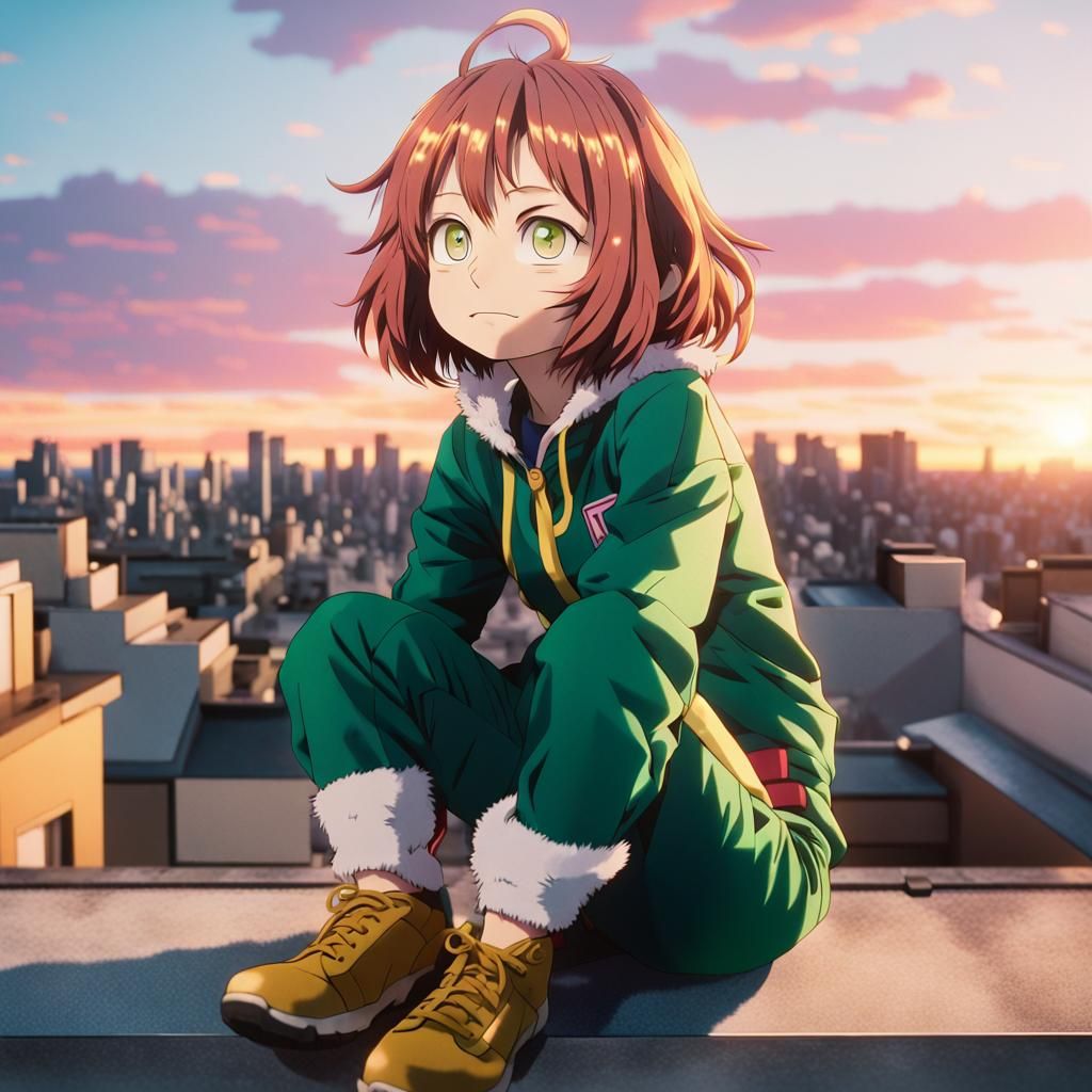Vibrant Ochaco Uraraka in Anime-Inspired Rooftop Portrait