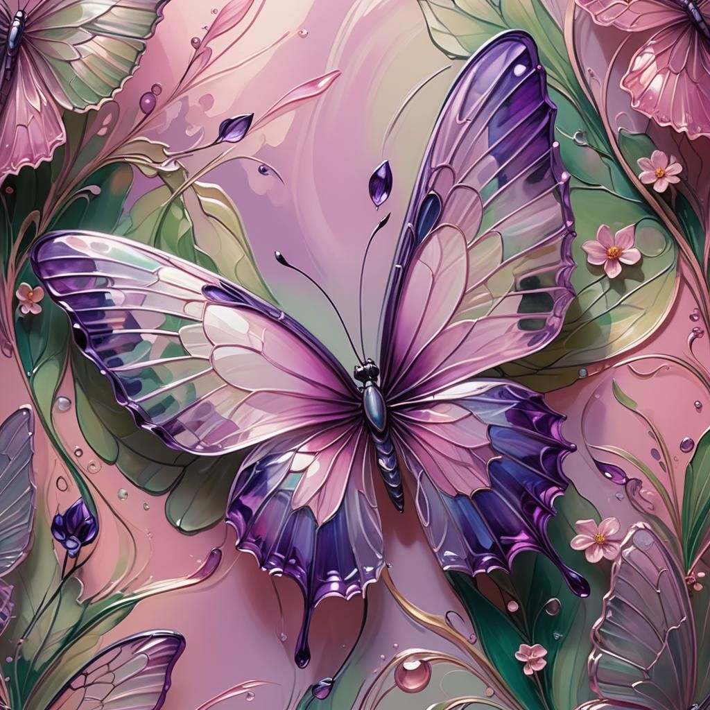 Glass-Winged Butterfly Fantasy Art in Art Nouveau Style