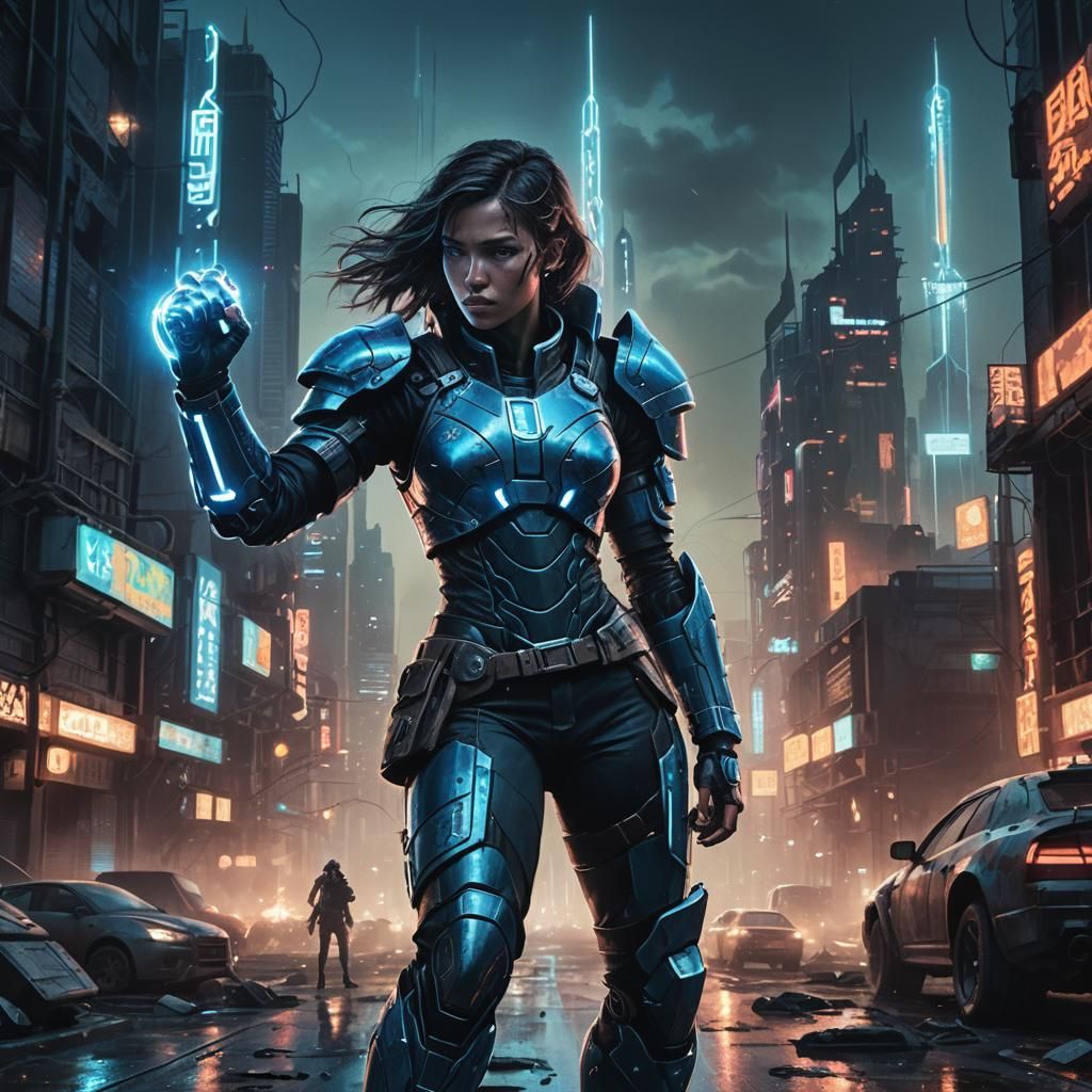 Woman with Glowing Ring in Dystopian Cityscape