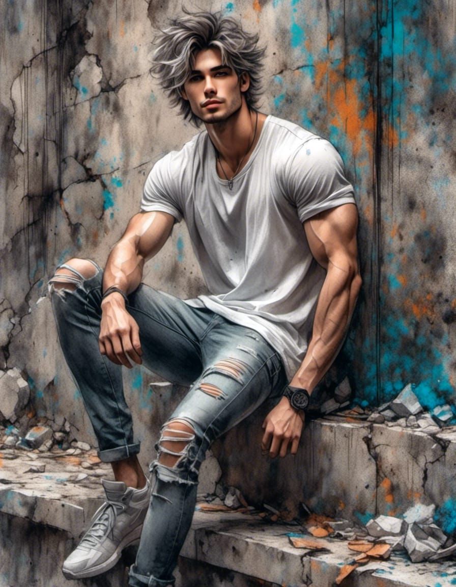 Anime Guy Portrait Against Concrete Wall Sketch