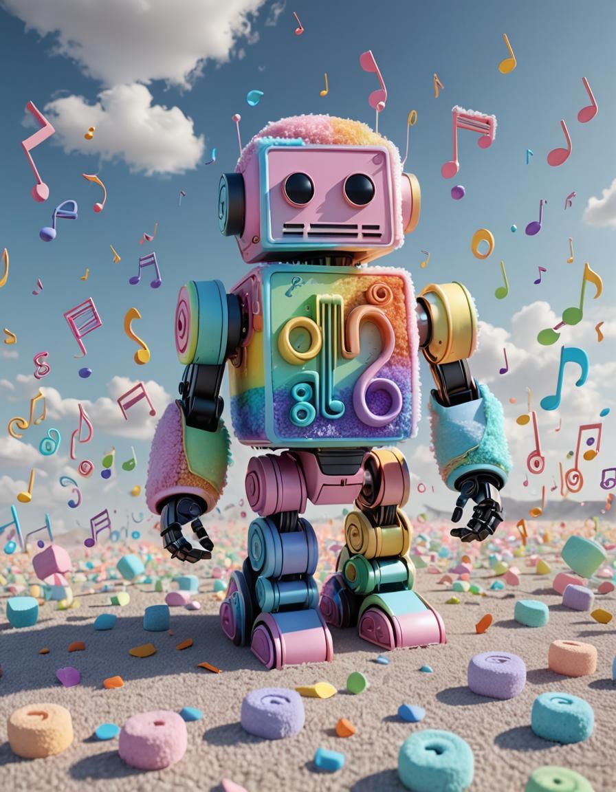 Pastel Rainbow Marshmallow Robot in Sci-Fi Landscape