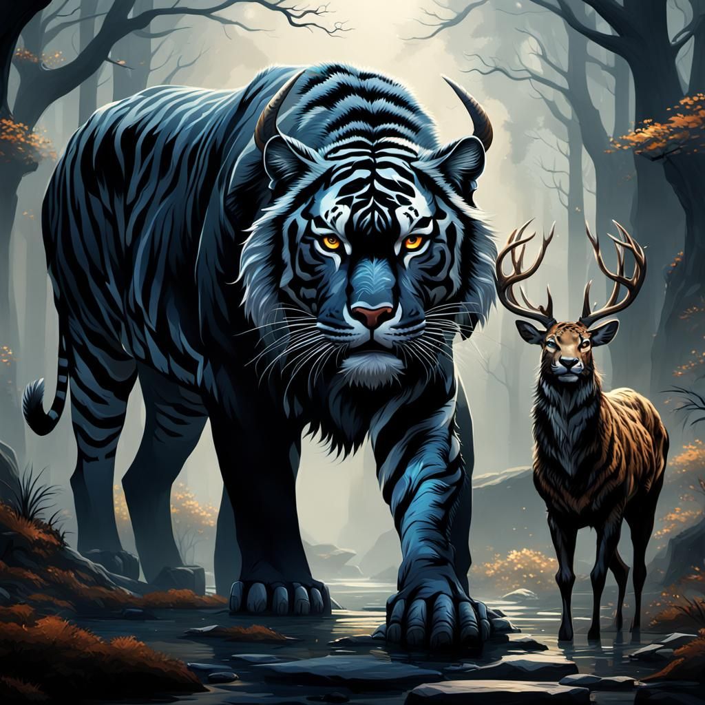 Fantastical Black Tiger with Deer Antlers