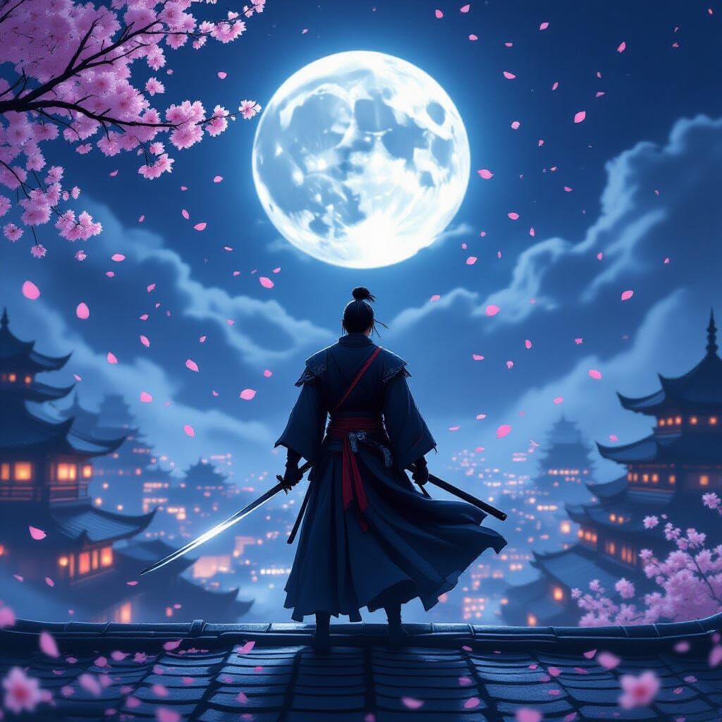 Ninja on Rooftop Under Moon with Cherry Blossoms