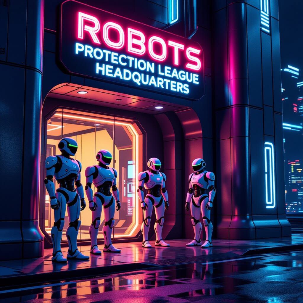 Robots Guard Headquarters in Cyberpunk Style