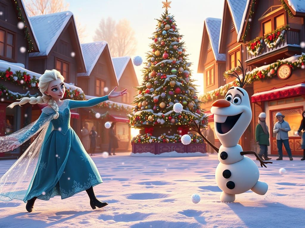 Elegant Ice Queen Engages in Whimsical Snowball Fight with B...