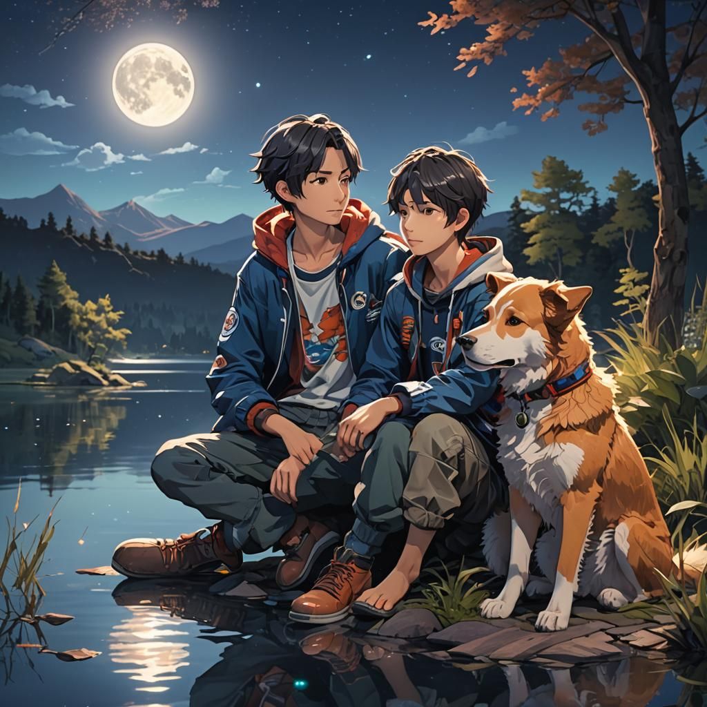 Boy and Dog on Moonlit Lake: Anime-Inspired 3D Art