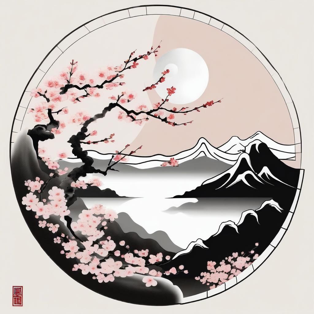 Minimalist Yin Yang with Cherry Blossoms in Ink