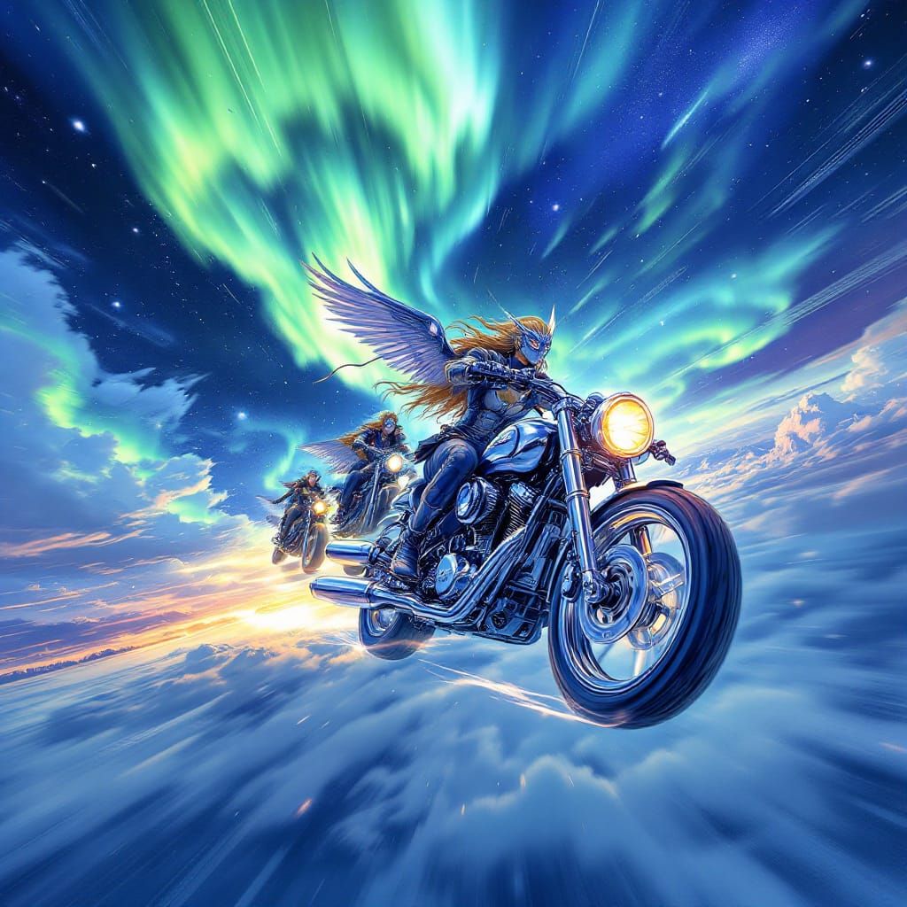 Valkyries on Chrome Bikes in Northern Lights Sky