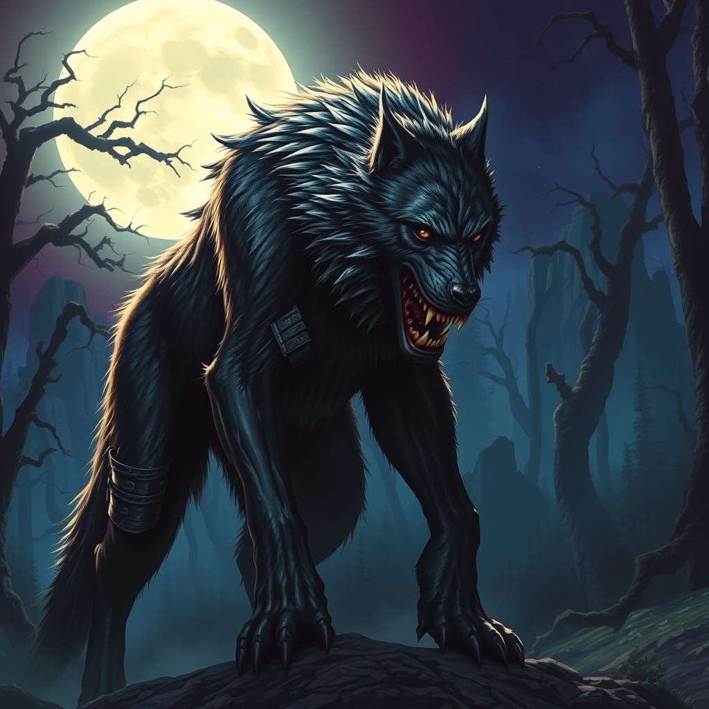 Gothic Werewolf Emerges from Dark Forest Moonlit Shadows