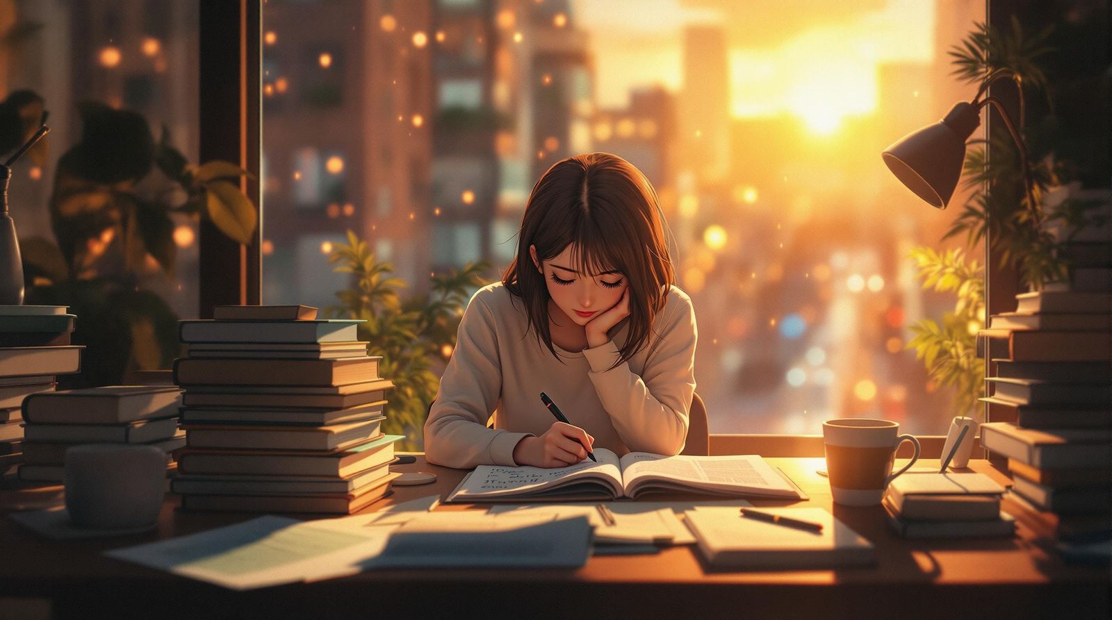 Lofi Anime Study Scene with Fairylights and Cel-Shading