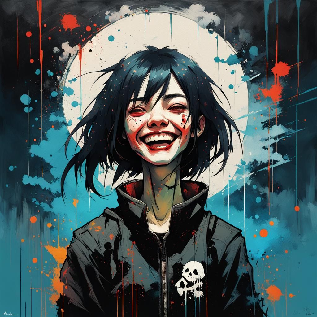 Gothic Anime Woman in Cyberpunk City, Digital Art