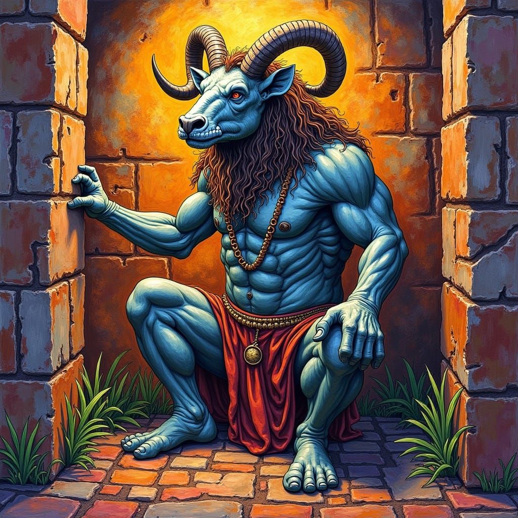 <lora:DysTurbd CryoNz:0.2> portrait of a minataur, in the labyrinth. Murals on the walls. Hyperdetailed vibrant colours ...