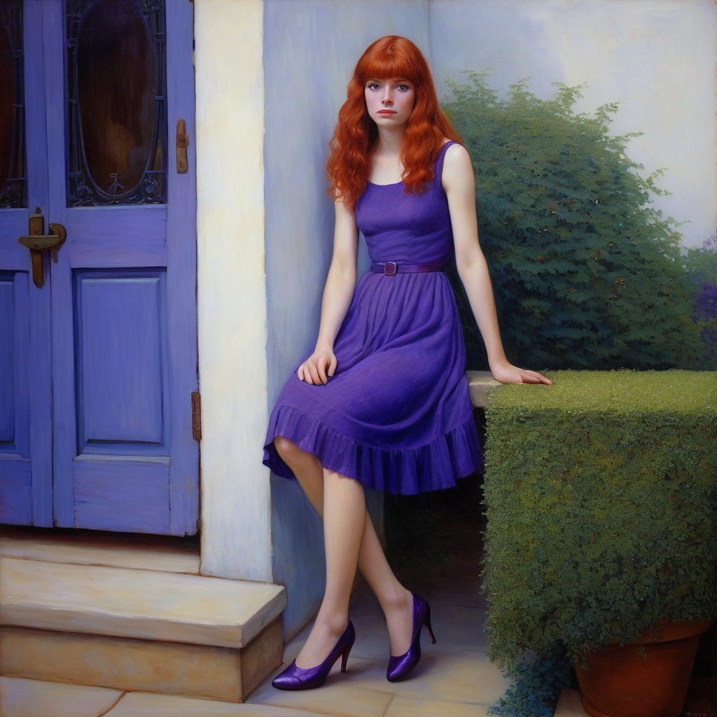 Woman in a Lavender Courtyard, Oil Painting
