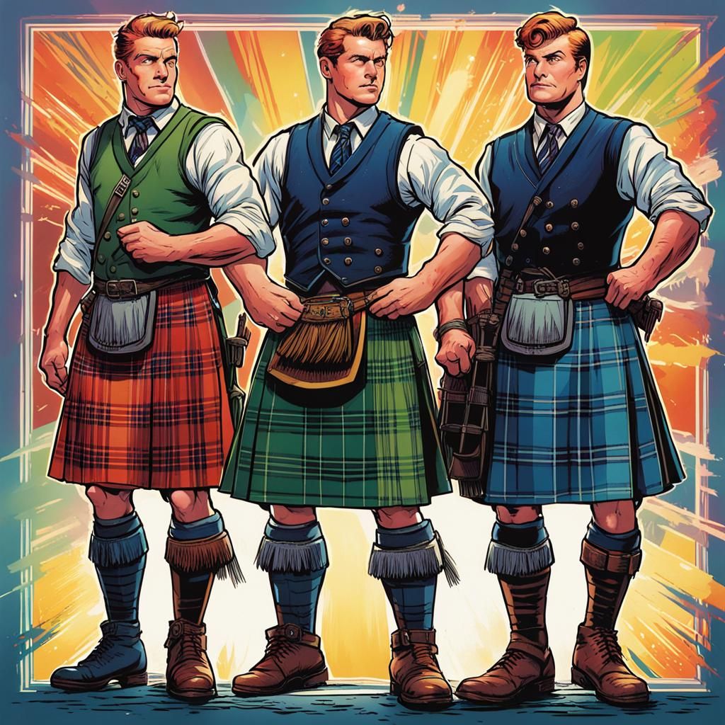 Vintage Gay Scottish Men in Rainbow Kilts