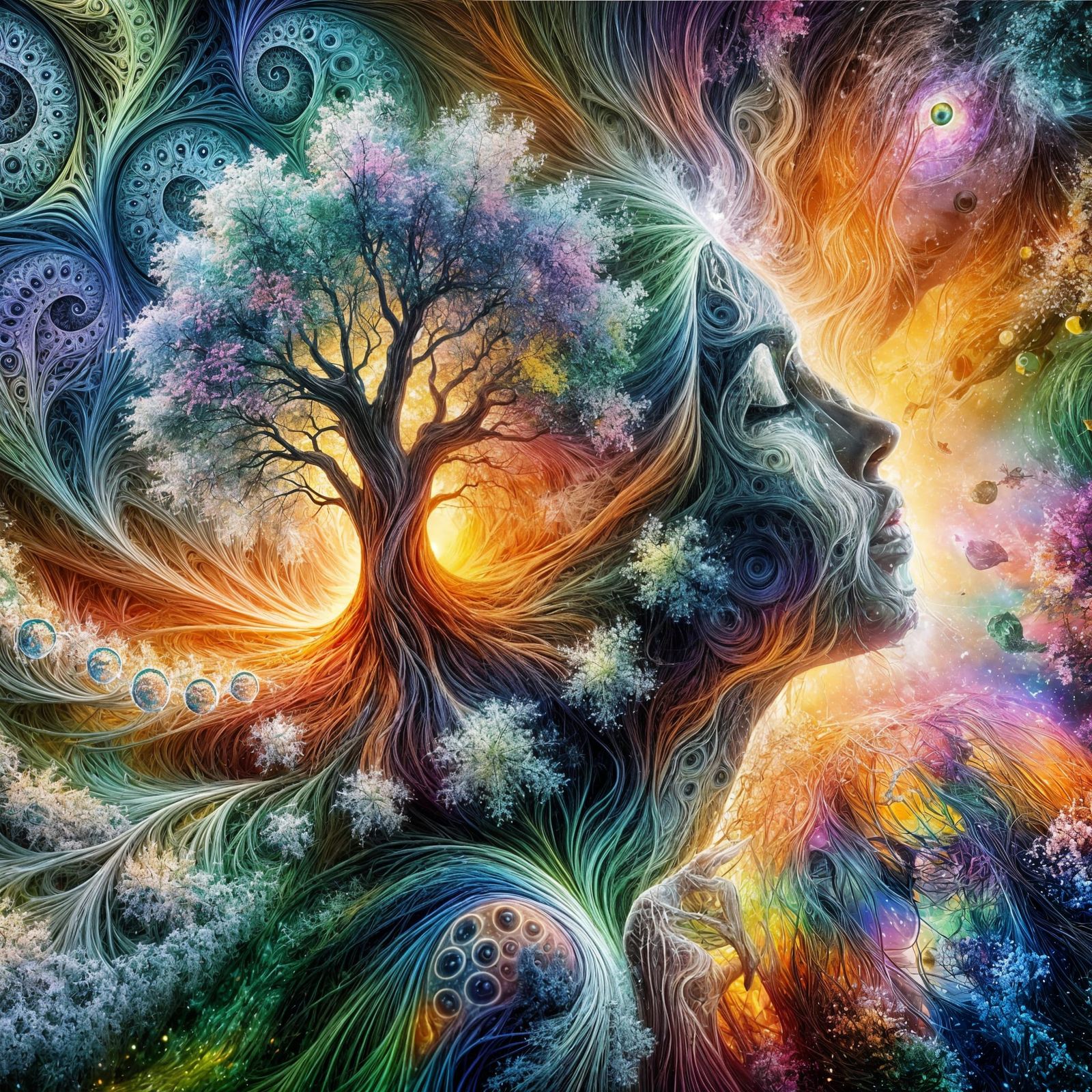 Woman and Tree Merge in Spiritual Oneness