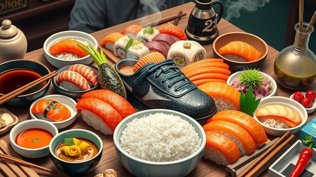 Vibrant Sushi Meal with Sushi Shoe and Telephone
