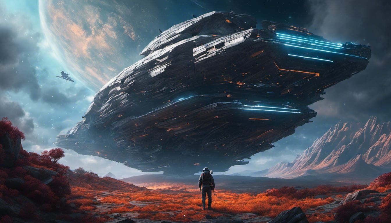 Astronaut on Lost Planet with Spaceship Wreck