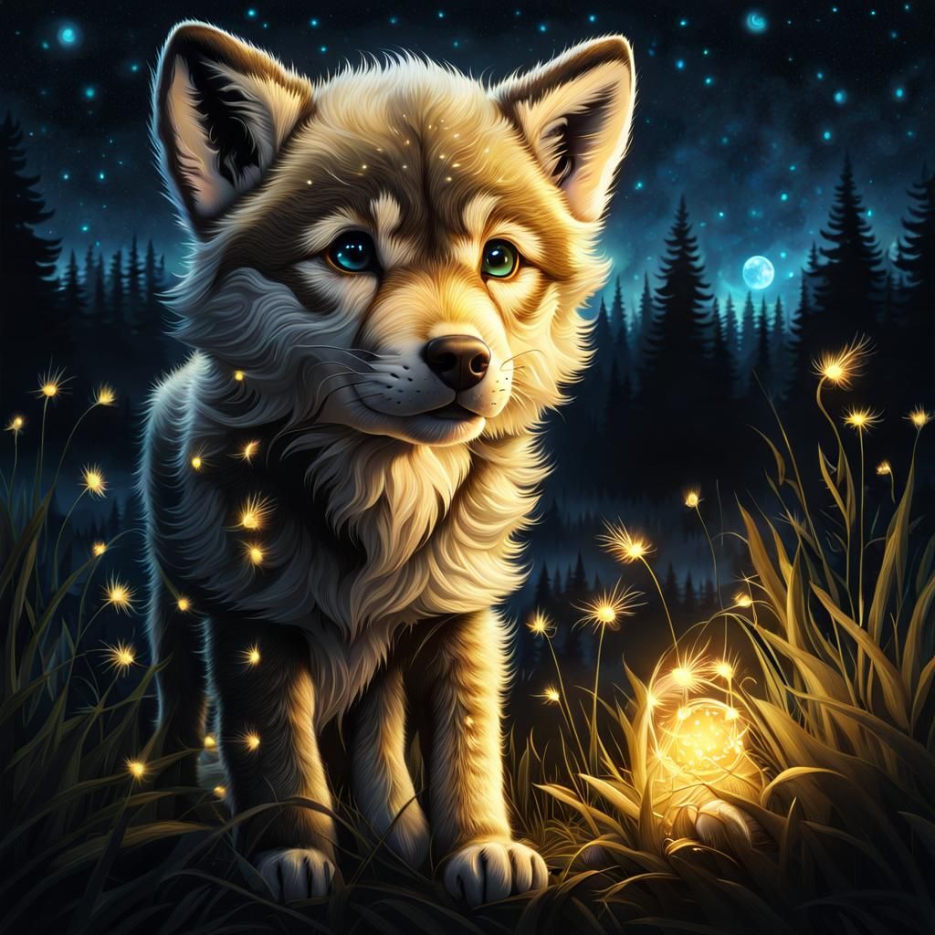 Wolf Cub and Fireflies in Hyper-Realistic Digital Art
