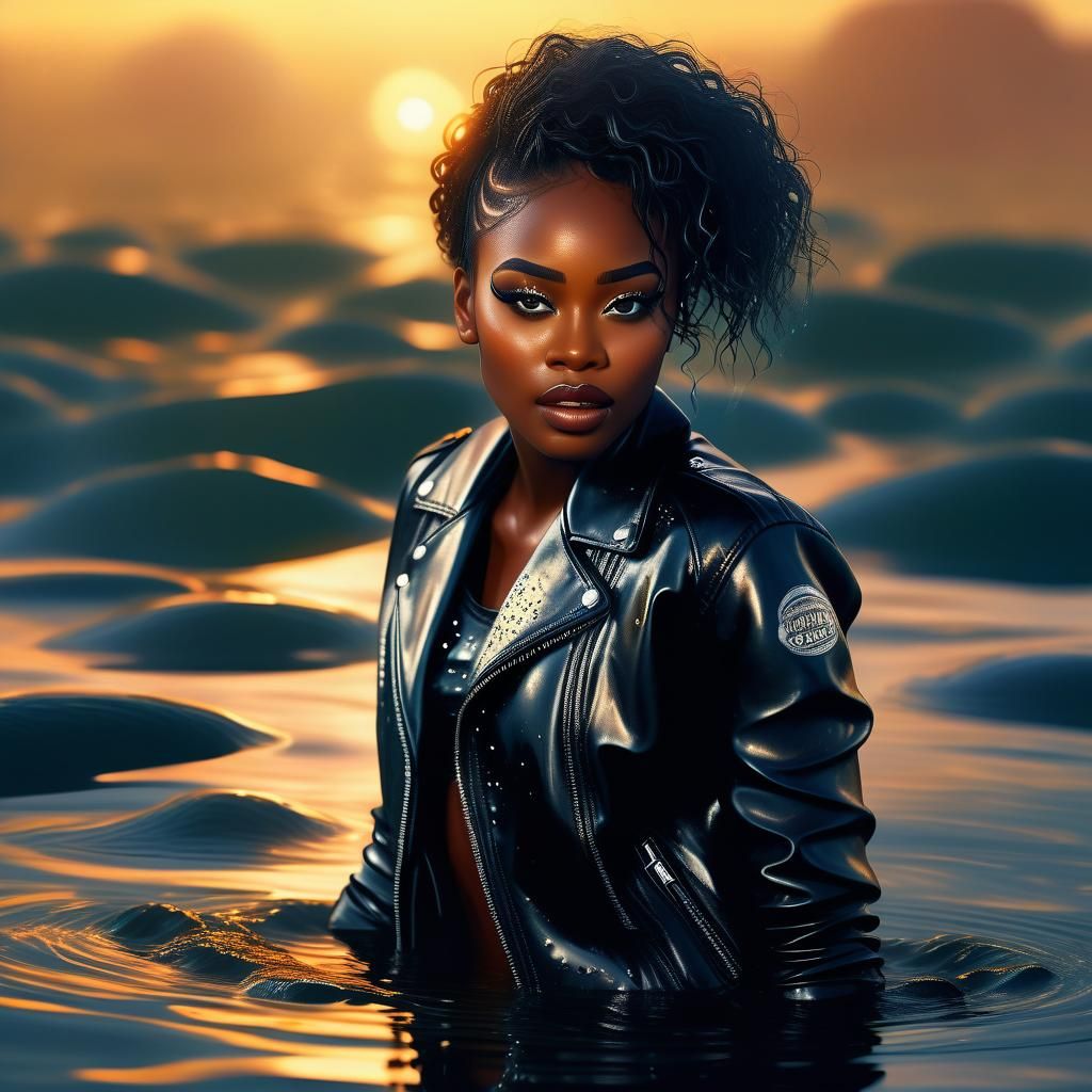 Leather Fashion Model in Ethereal Ocean Sunset