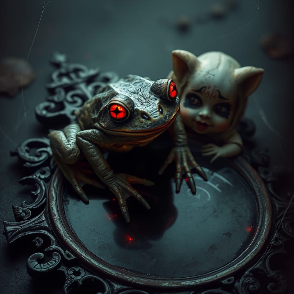 Eerie Frog with Haunted Doll Mirror in Surreal Style