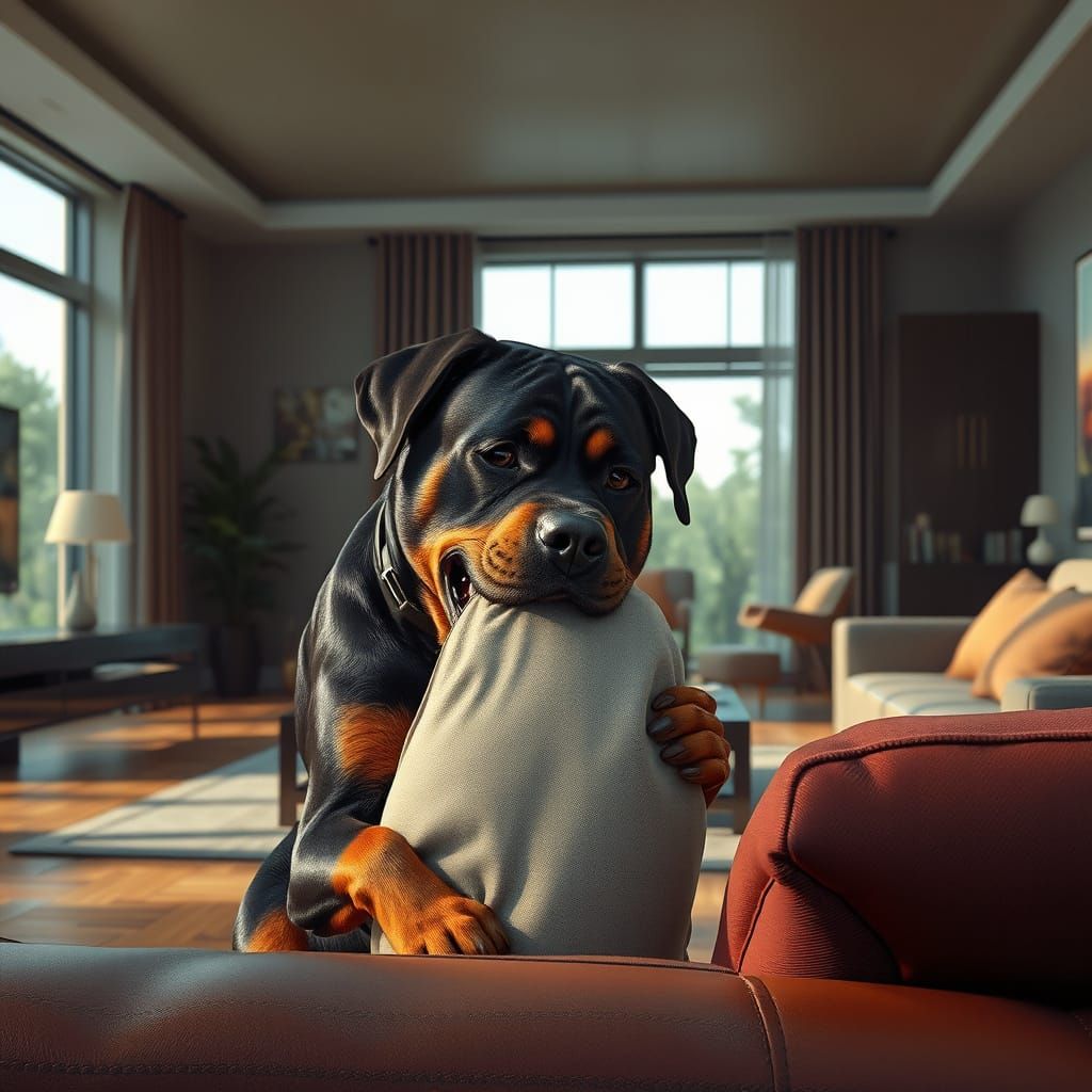 Rottweiler's Pillow Fight in Modern Living Room