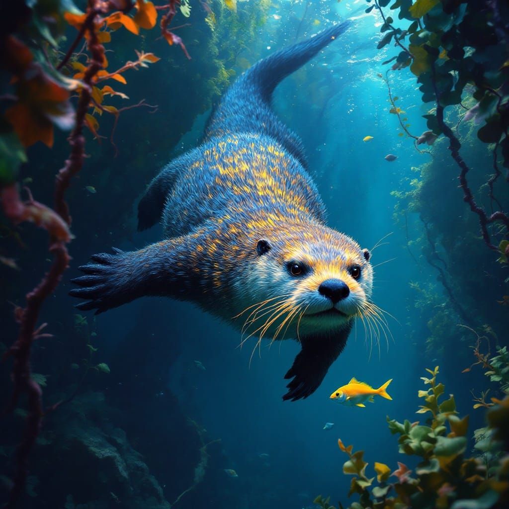 Mystical Iridescent Otter in Kelp Forest