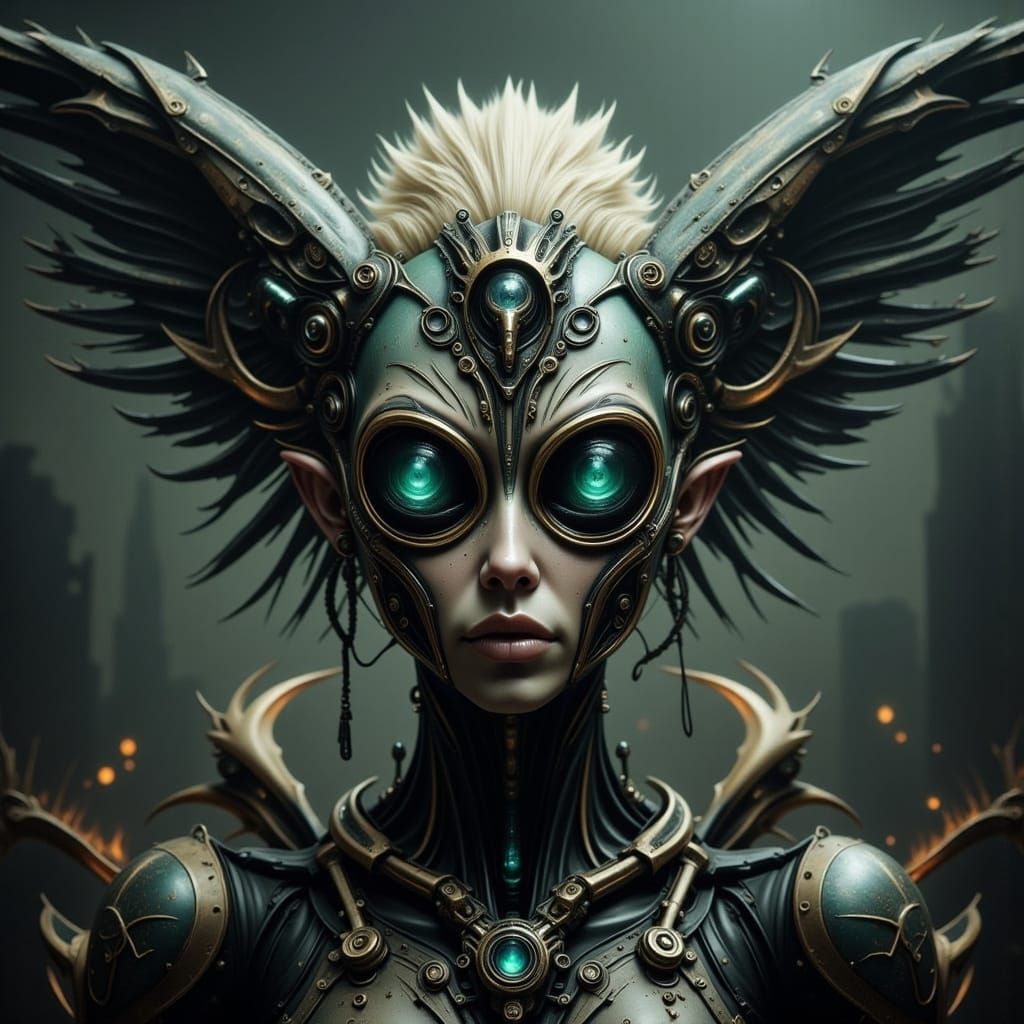 Winged Alien with Glowing Eyes in Mystical Landscape