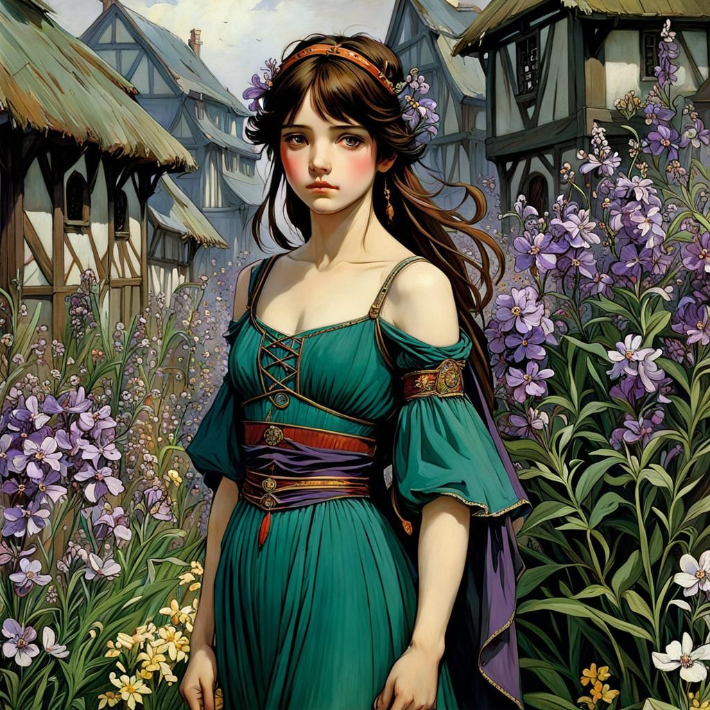 Medieval Anime Girl in Flower Garden