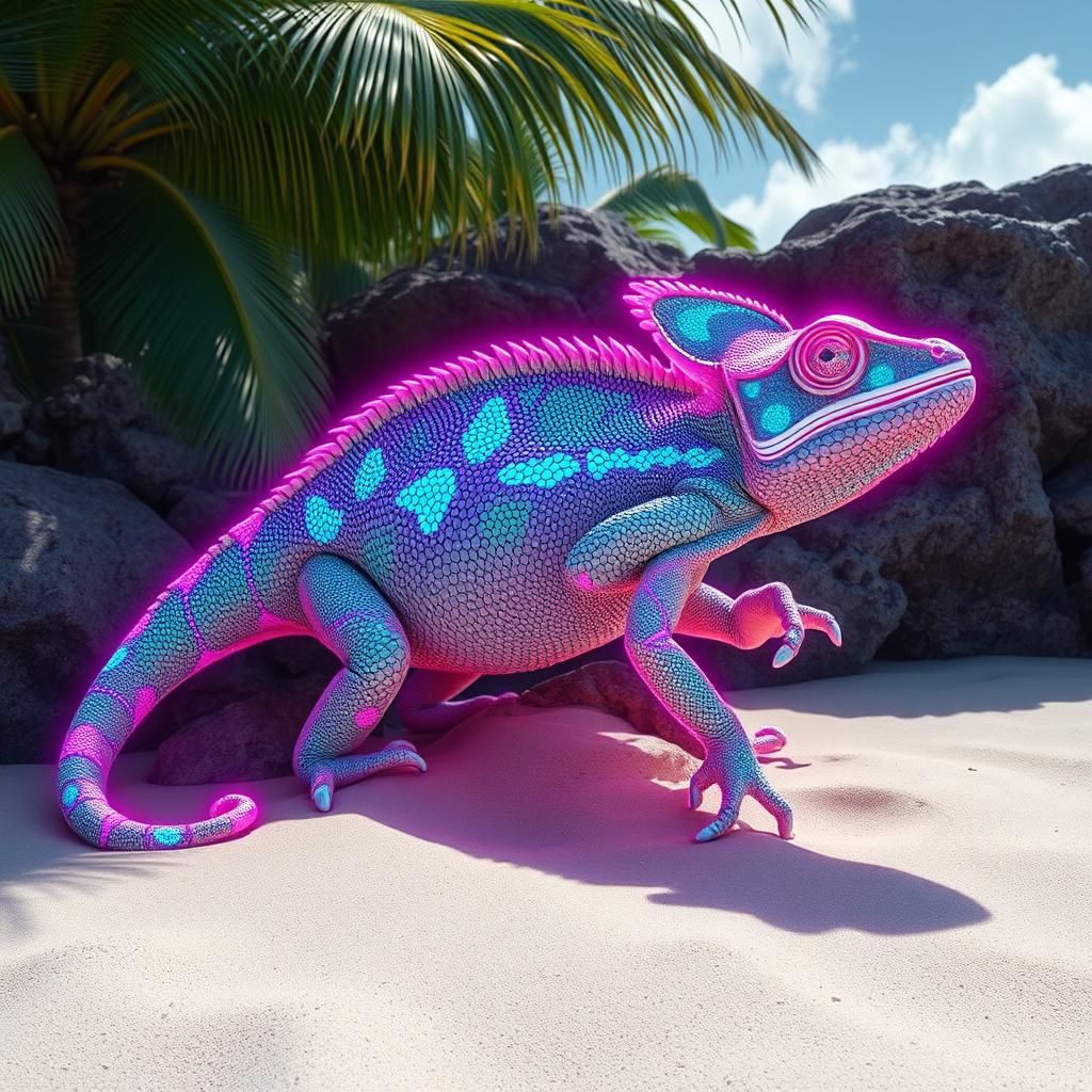 Neon Chameleon Blends into Tropical Beach