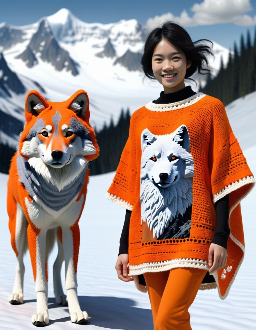 Anime Woman and Wolf in Wilderness Landscape