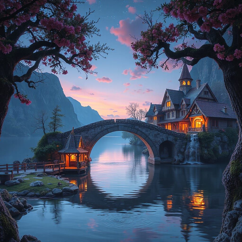 Ethereal Stone Bridge to Whimsical Fantasy Village