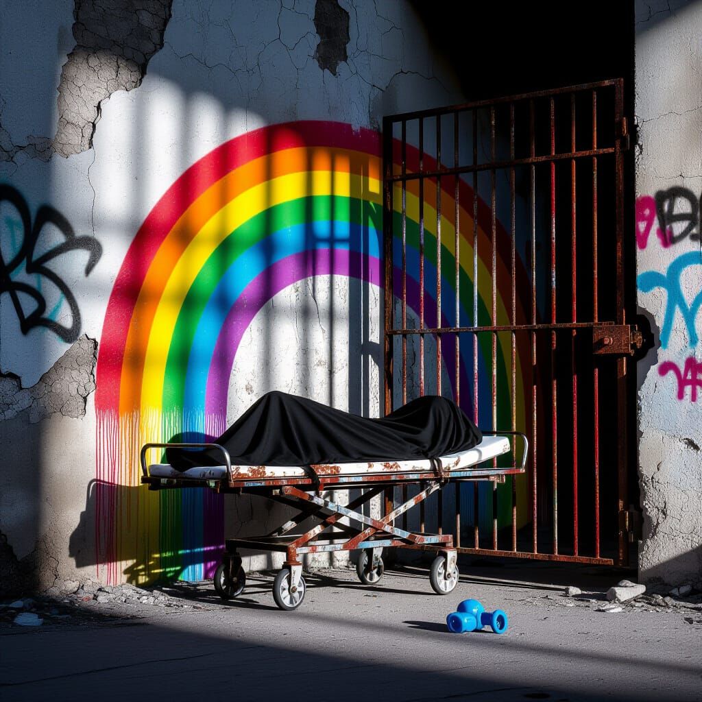 Urban Decay Scene: Abandoned Gurney, Rainbow Graffiti