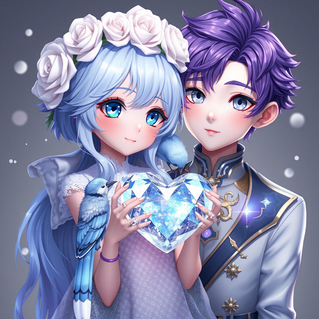 Anime Girl with Bluejay and Boy with Heart