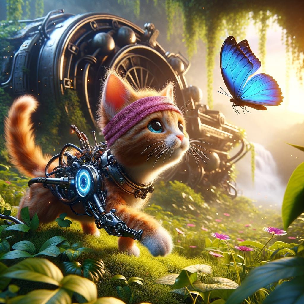 Ginger Kitten Chasing Butterfly in Futuristic Park